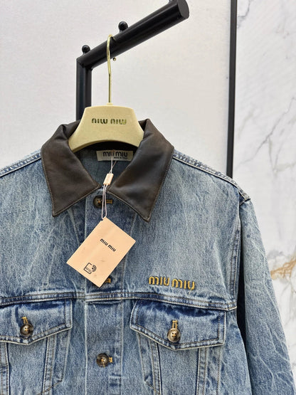 2025 Make a vintage leather collar denim jacket jacket