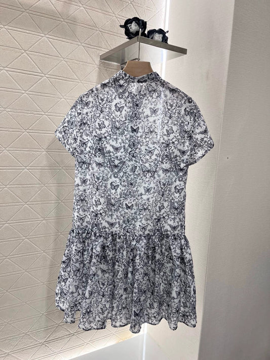 25 Spring/Summer New Style Butterfly Print Pleated Short Sleeve Dress