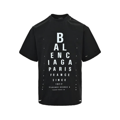 Eye chart knife cuts holes in short sleeves