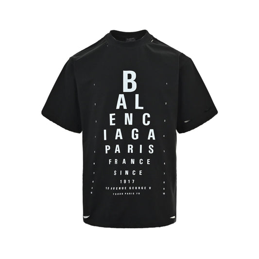 Eye chart knife cuts holes in short sleeves