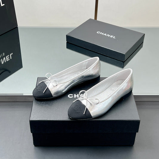 Ballet Flats 20mm Silver Metallic Sheepskin Black Grosgrain 266677