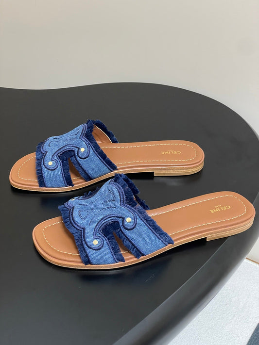 Marina Fringed Flat Mule In Blue Denim 319736