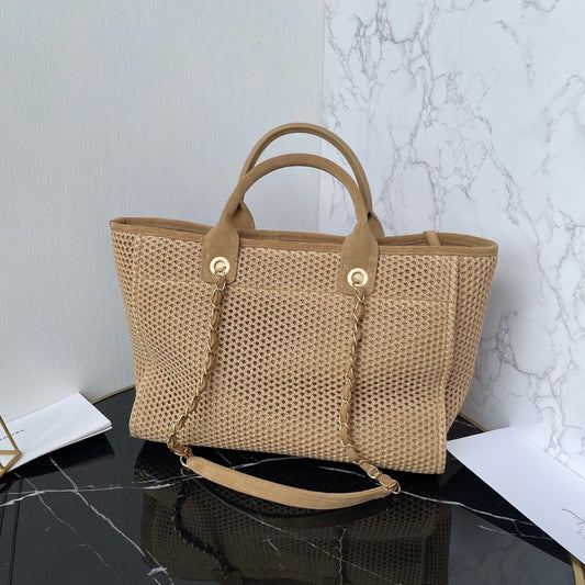 25 Deauville Tote Bag 34cm Beige Crochet Suede