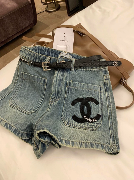 25 Summer New Double C Embroidery Pocket Denim Shorts