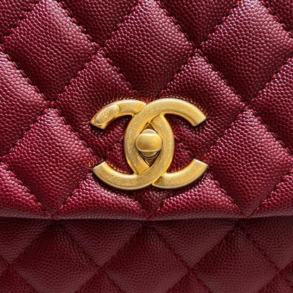 LARGE FLAP BAG WITH TOP HANDLE 29  Small Grained Calfskin Red Wine Color