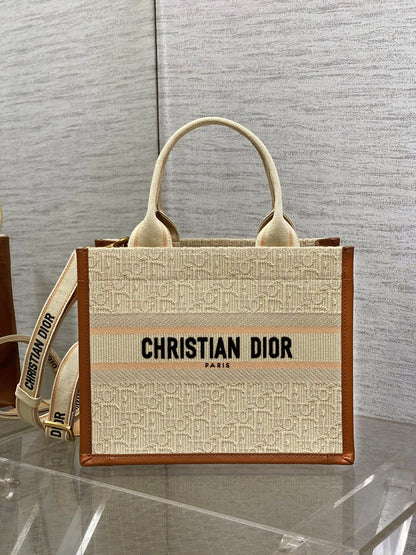 Book Tote Bag Beige Oblique Embroidered Raffia and Camel Calfskin