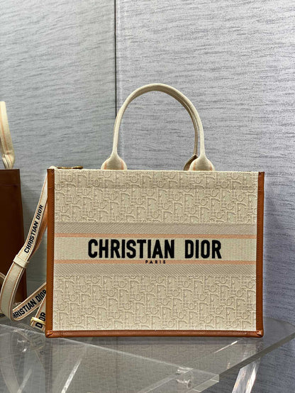 Book Tote Bag Beige Oblique Embroidered Raffia and Camel Calfskin