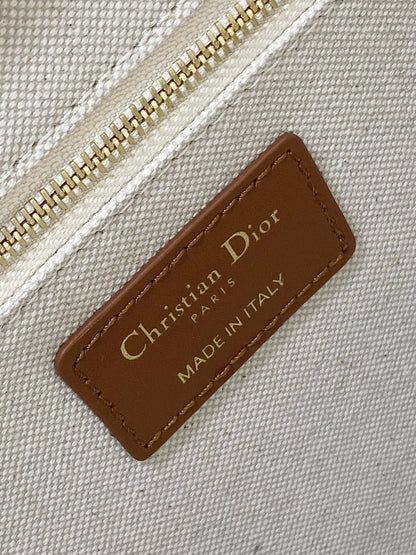 Book Tote Bag Beige Oblique Embroidered Raffia and Camel Calfskin