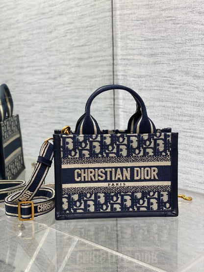 Book Tote Bag Blue Di0r Oblique Embroidery and Calfskin