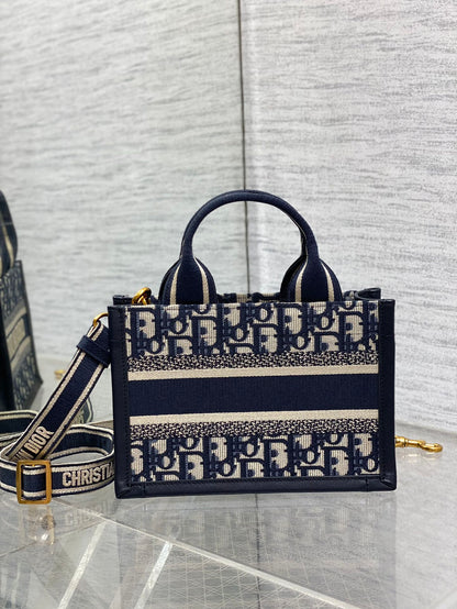 Book Tote Bag Blue Di0r Oblique Embroidery and Calfskin
