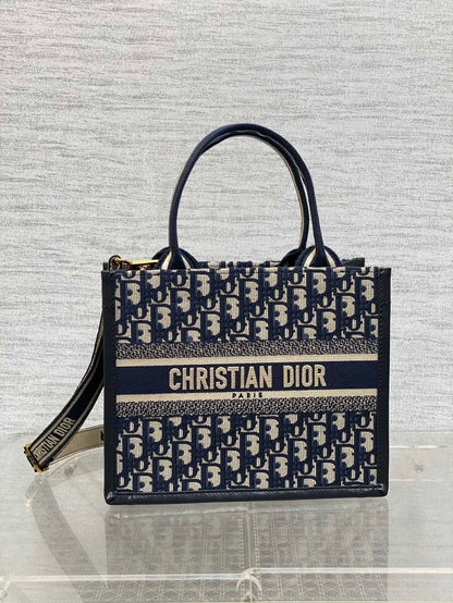 Book Tote Bag Blue Di0r Oblique Embroidery and Calfskin