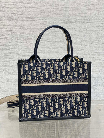 Book Tote Bag Blue Di0r Oblique Embroidery and Calfskin