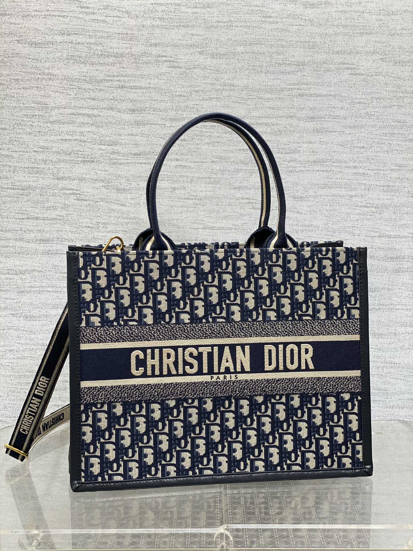 Book Tote Bag Blue Di0r Oblique Embroidery and Calfskin