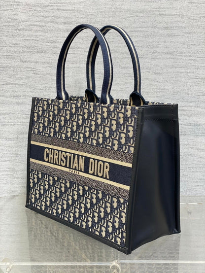 Book Tote Bag Blue Di0r Oblique Embroidery and Calfskin