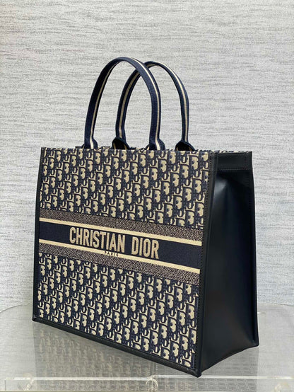 Book Tote Bag Blue Di0r Oblique Embroidery and Calfskin