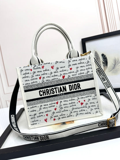 Small Book Tote White Embroidery with Black and Red Je Vous Adore Motif and