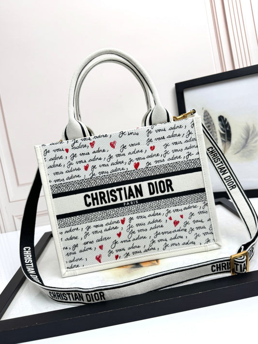 Small Book Tote White Embroidery with Black and Red Je Vous Adore Motif and