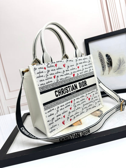 Small Book Tote White Embroidery with Black and Red Je Vous Adore Motif and