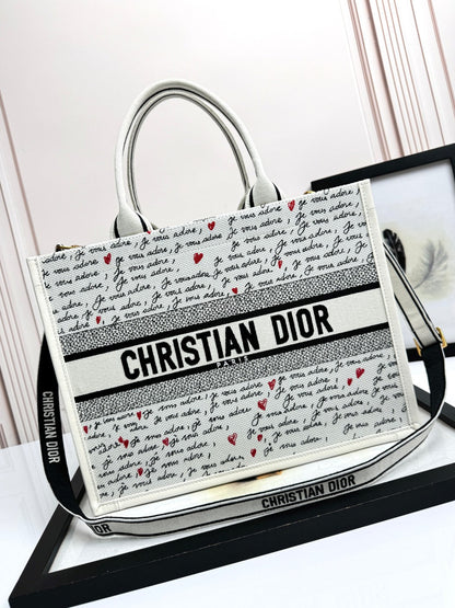Small Book Tote White Embroidery with Black and Red Je Vous Adore Motif and