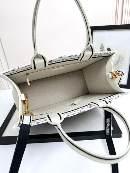 Small Book Tote White Embroidery with Black and Red Je Vous Adore Motif and