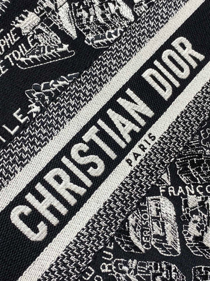 Medium Book Tote Black and White Plan de Paris Embroidery with Black Calfskin
