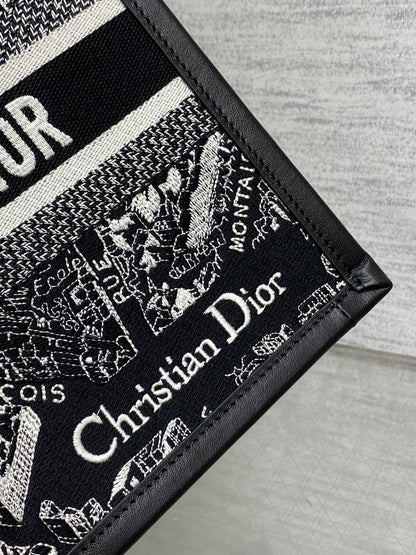 Medium Book Tote Black and White Plan de Paris Embroidery with Black Calfskin