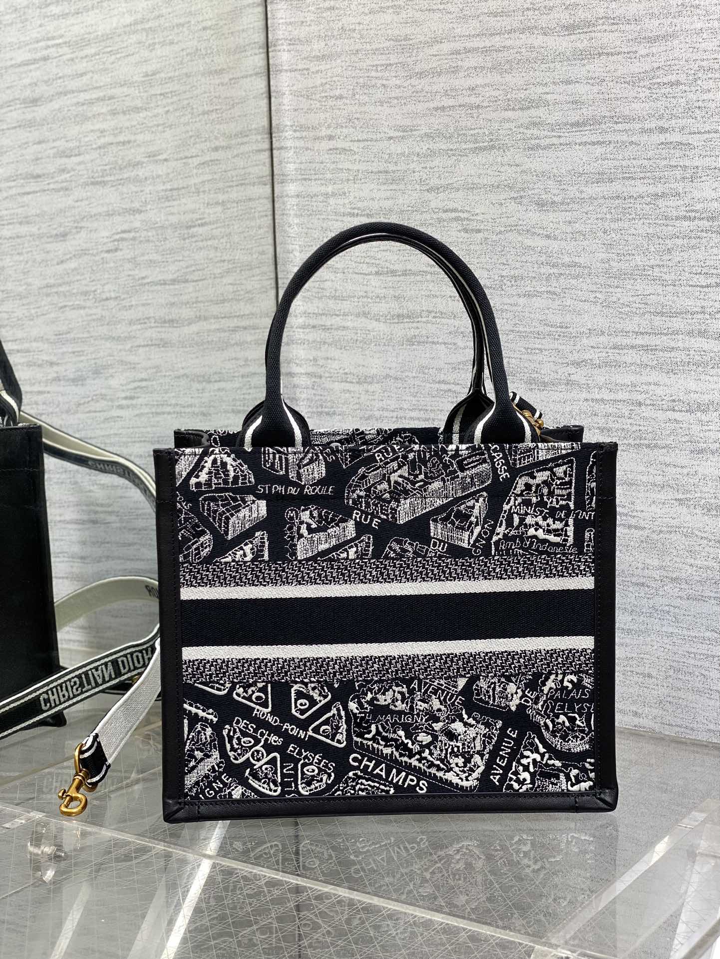Medium Book Tote Black and White Plan de Paris Embroidery with Black Calfskin