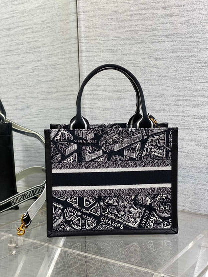Medium Book Tote Black and White Plan de Paris Embroidery with Black Calfskin