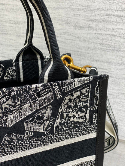 Medium Book Tote Black and White Plan de Paris Embroidery with Black Calfskin