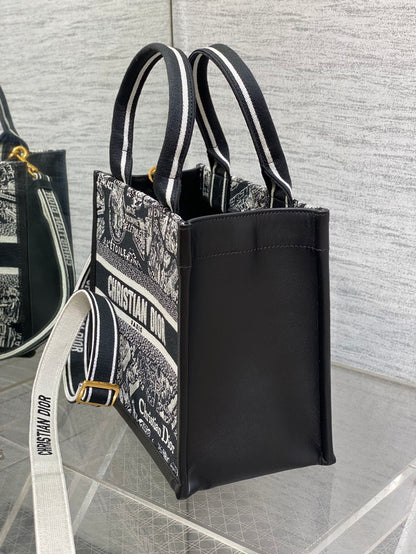 Medium Book Tote Black and White Plan de Paris Embroidery with Black Calfskin