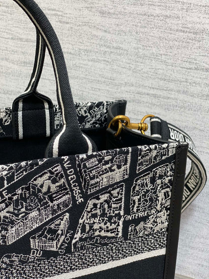 Medium Book Tote Black and White Plan de Paris Embroidery with Black Calfskin