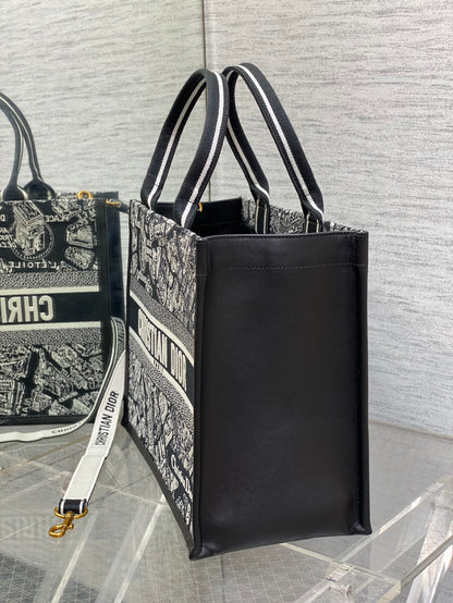 Medium Book Tote Black and White Plan de Paris Embroidery with Black Calfskin