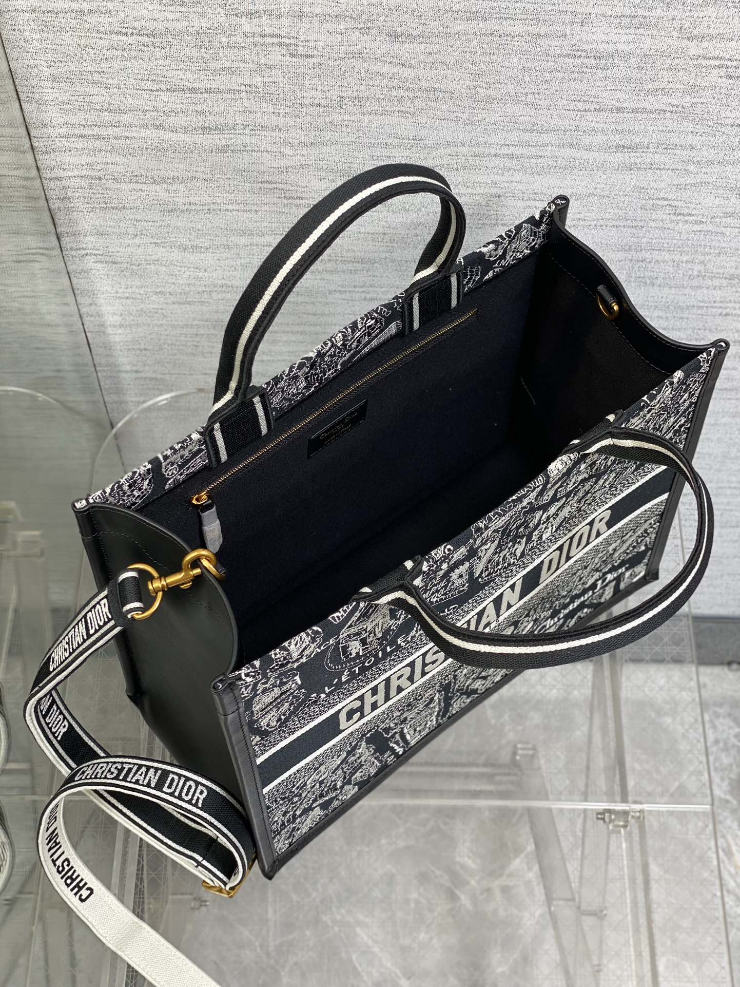 Medium Book Tote Black and White Plan de Paris Embroidery with Black Calfskin