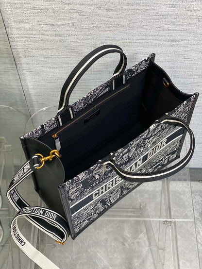 Medium Book Tote Black and White Plan de Paris Embroidery with Black Calfskin