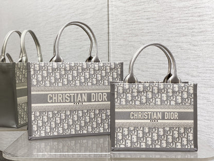 Medium Book Tote Gray Oblique Embroidery and Calfskin