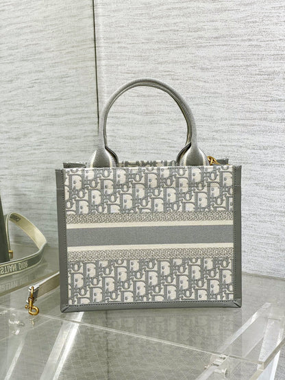 Medium Book Tote Gray Oblique Embroidery and Calfskin