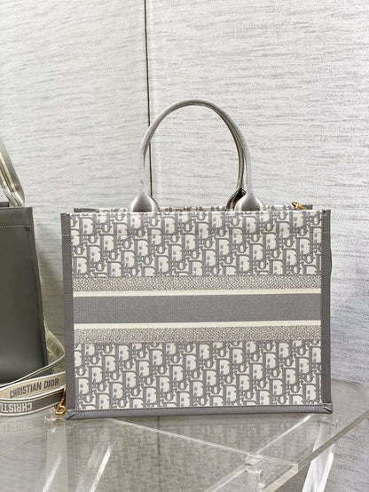 Medium Book Tote Gray Oblique Embroidery and Calfskin