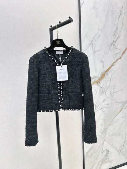 Pearl-Embellished Tweed-Style Blazer Jacket