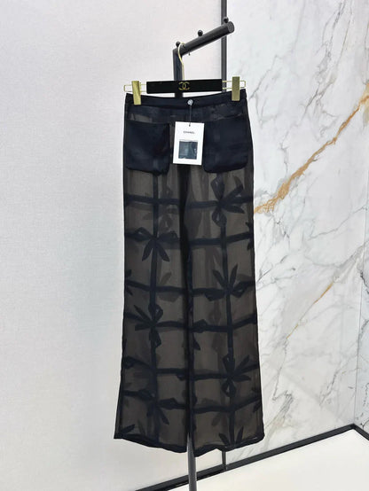 Silk Wide-Leg Pants with Bow Tie