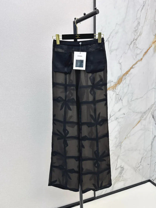 Silk Wide-Leg Pants with Bow Tie