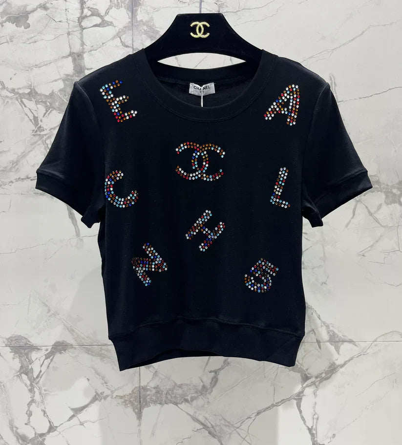 Colorful Rhinestone Letter T-Shirt