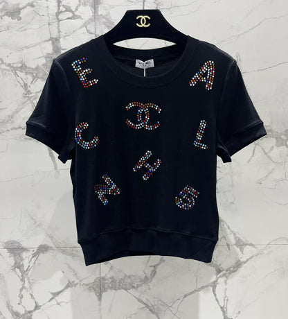 Colorful Rhinestone Letter T-Shirt