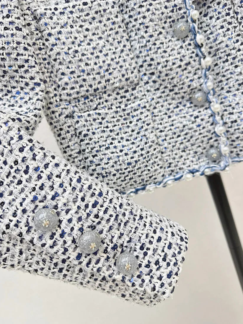 Pearl-Embellished Cropped Tweed Jacket