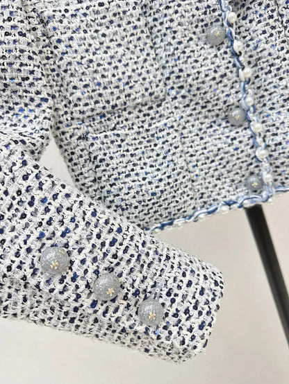 Pearl-Embellished Cropped Tweed Jacket