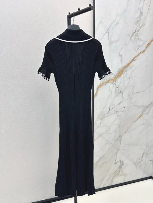 Chic Gold Button Ribbed Knit Dress