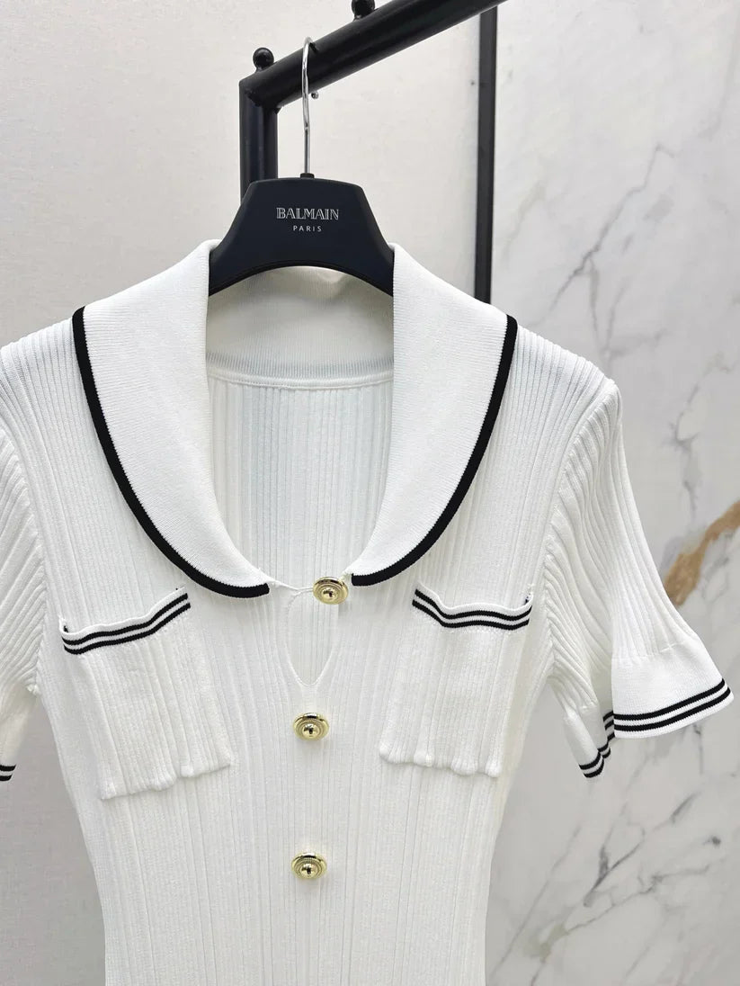 Chic Gold Button Ribbed Knit Dress