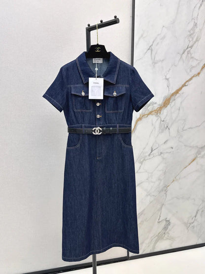 Back Pocket Embroidered Denim Midi Skirt