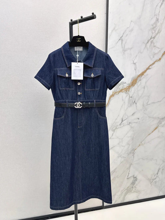 Back Pocket Embroidered Denim Midi Skirt