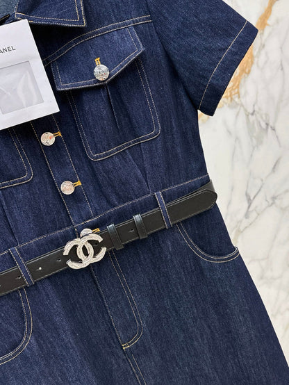 Back Pocket Embroidered Denim Midi Skirt