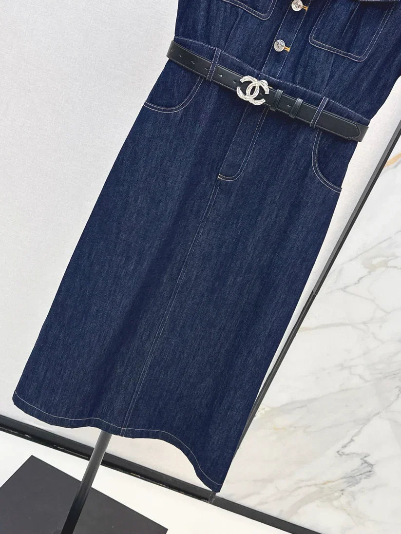 Back Pocket Embroidered Denim Midi Skirt